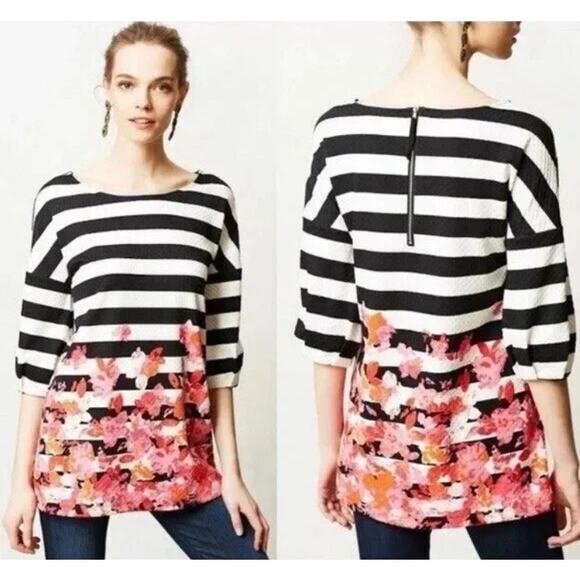 Anthropologie Postmark Linnea Tunic Top Women’s XS Stripe Floral Feminine Chic - Picture 1 of 11
